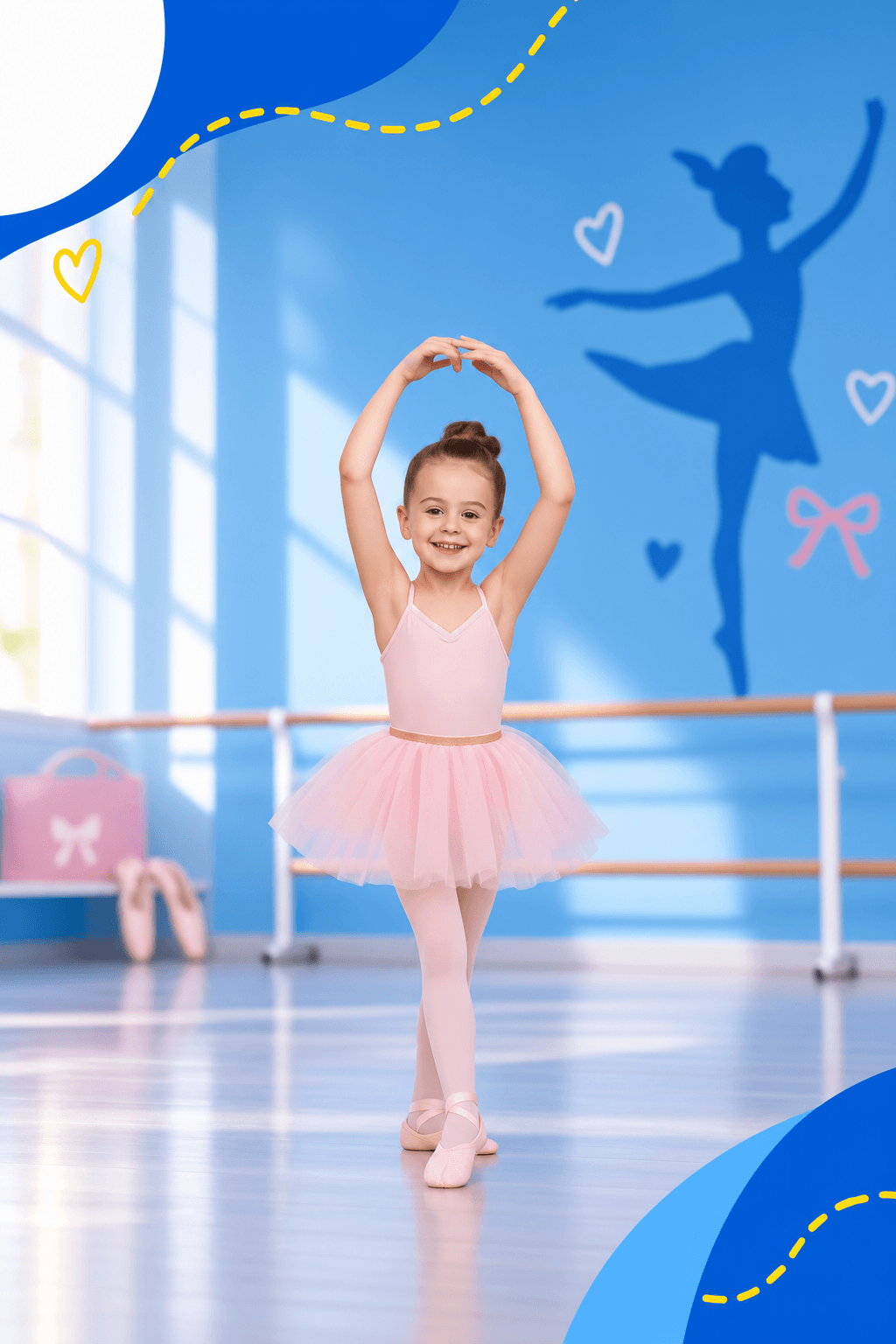 Criança em trajes de ballet, com os braços erguidos em posição de dança